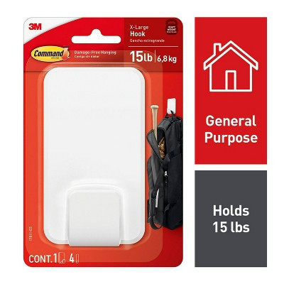 Command Extra Large Single Hook: Heavy Duty Adhesive, Holds 15 lbs, Plastic, White, 1 Pack | Target