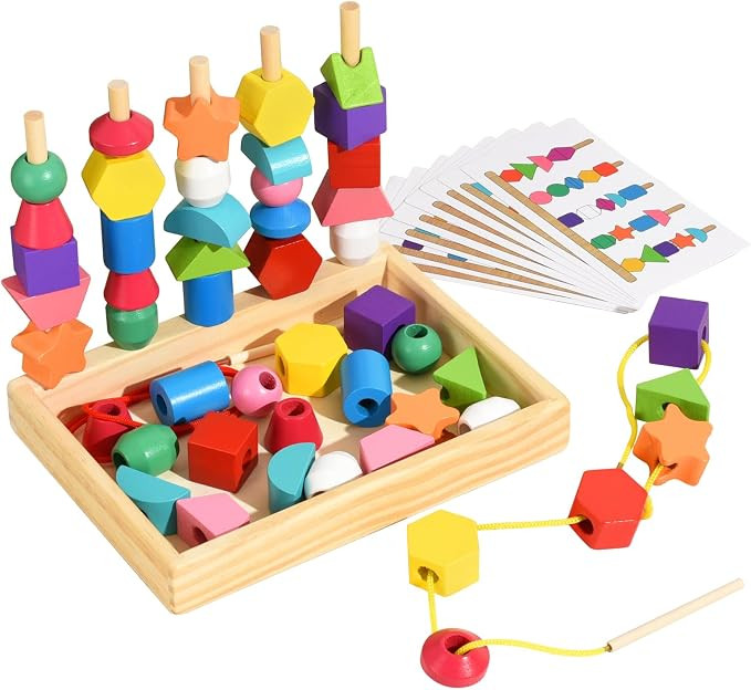 Montessori Bead Sequencing Set for Kids, Wooden Lacing Beads Toys for Toddlers, Matching Color Sh... | Amazon (US)