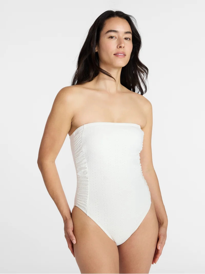 Time and Tru Women's and Women's Plus Eyelet Bandeau One Piece Swimsuit with Side Shirring, Sizes... | Walmart (US)