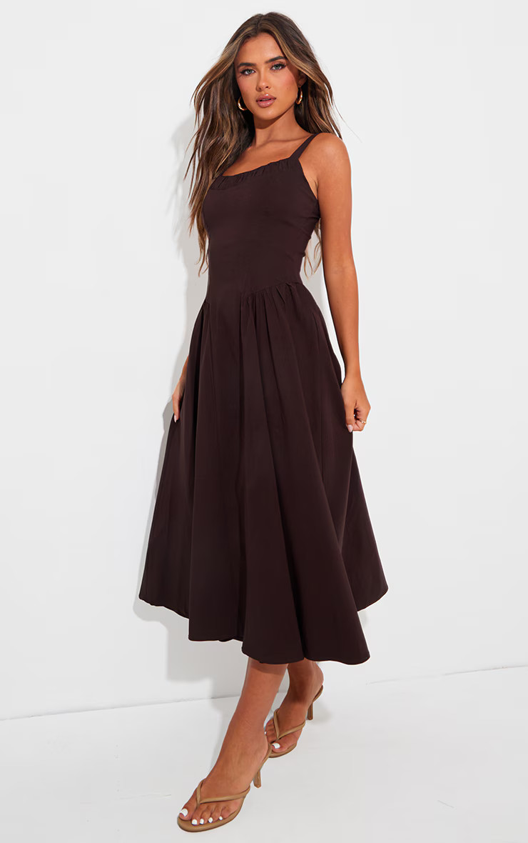 Chocolate Woven Corset Lace Detail Midi Dress | PrettyLittleThing US