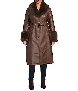 Azalea Wang Kaya Faux Leather Oversize Faux Fur Shawl Collar Belted Snap Front Trench Coat - XL | Dillard's