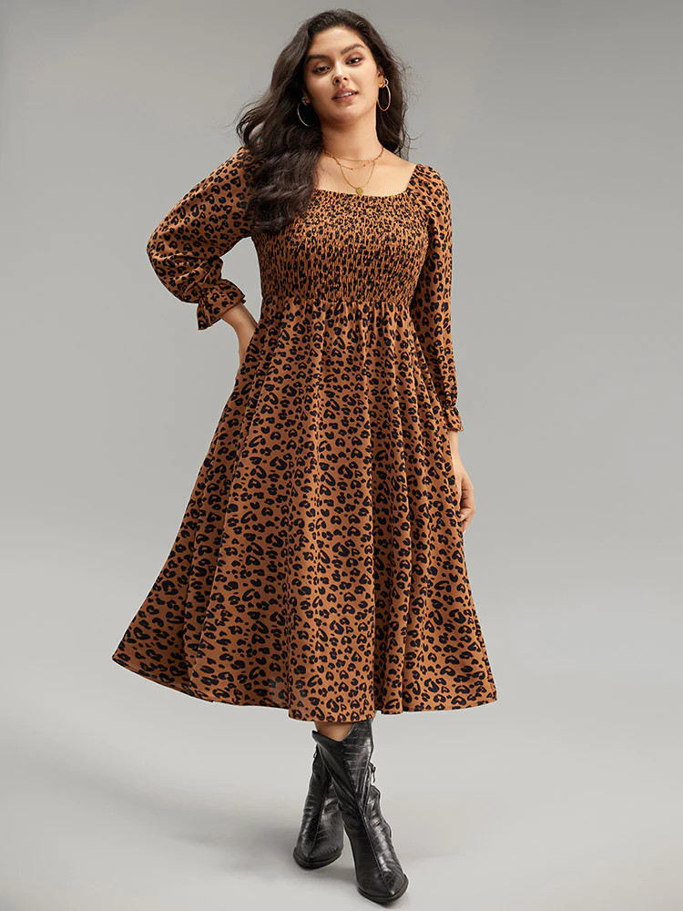 Leopard Print Shirred Square Neck Pocket Dress | Bloomchic