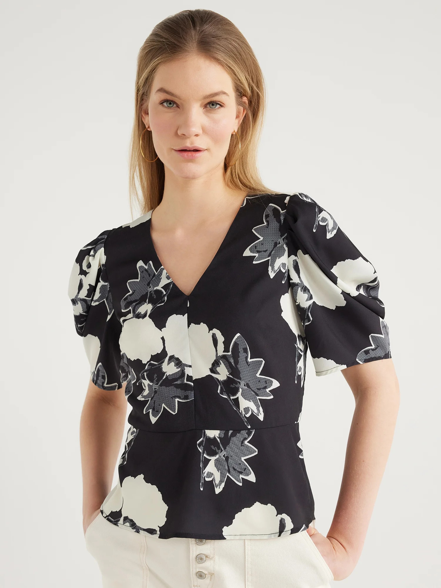 Scoop Women’s V-Neck Top with Volume Sleeves, Sizes XS-XXL | Walmart (US)