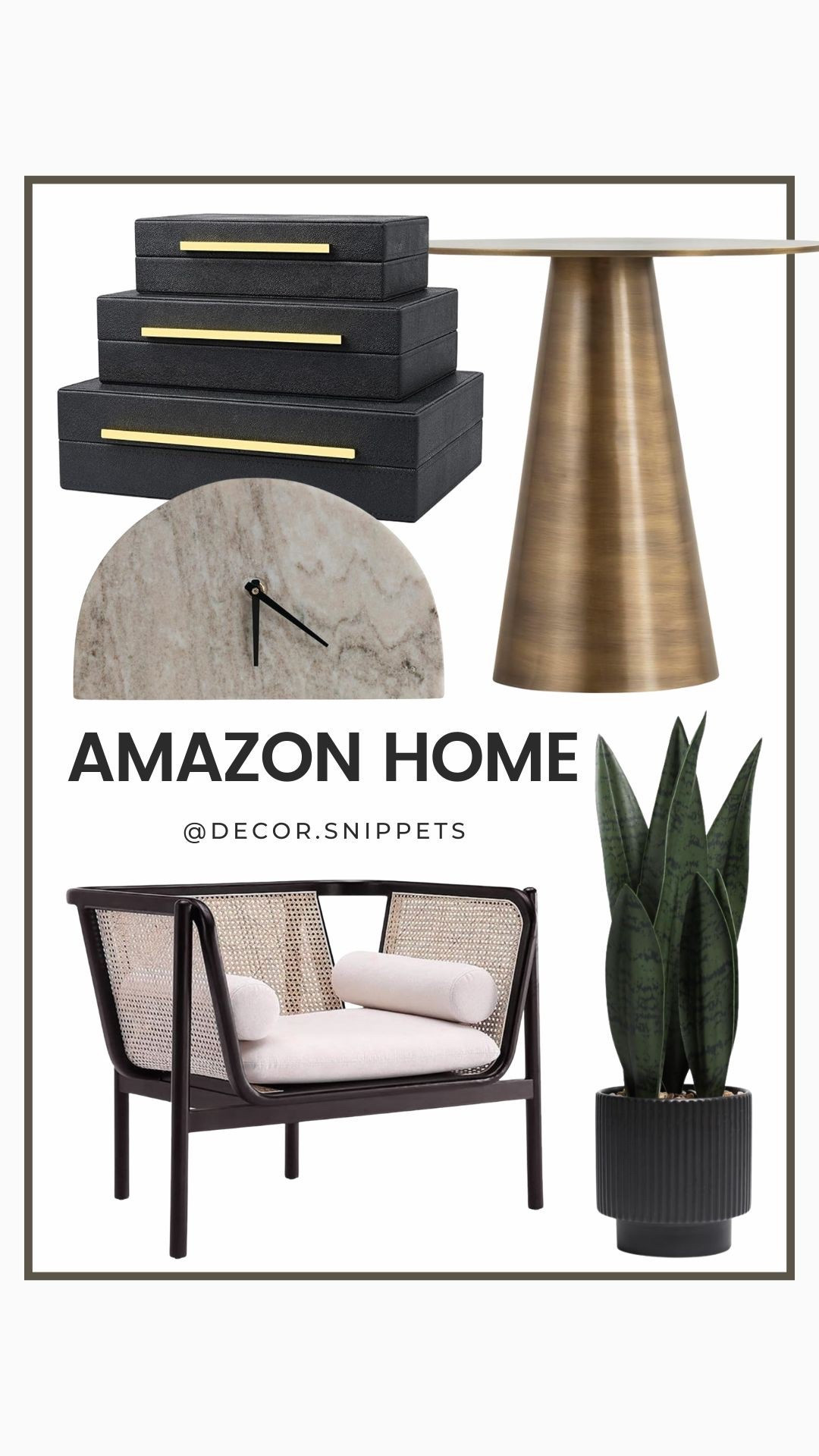 Elevate your space with these chic Amazon Home finds! 🖤 From modern storage boxes with gold accents to a sleek brass pedestal table, this curated collection brings timeless style and function to any room. Don’t miss the elegant cane chair, sculptural clock, and lifelike snake plant – perfect for creating a warm, modern vibe.

🛒 Tap to shop and bring this look home today!
#AmazonHome #LTKhome #ModernDecor #HomeInspo #DecorSnippets
