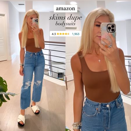 Skims dupe bodysuits. YOU WILL LOVE THESE! So good! Great cropped high waisted jeans Levi’s jean denim mom jeans 

#LTKSeasonal #LTKstyletip #LTKunder50