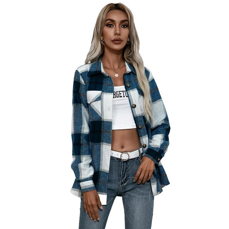 KZKR Women's Fall Color Block Plaid Flannel Shacket Jacket Button Down Shirt Coat Tops | Walmart (US)