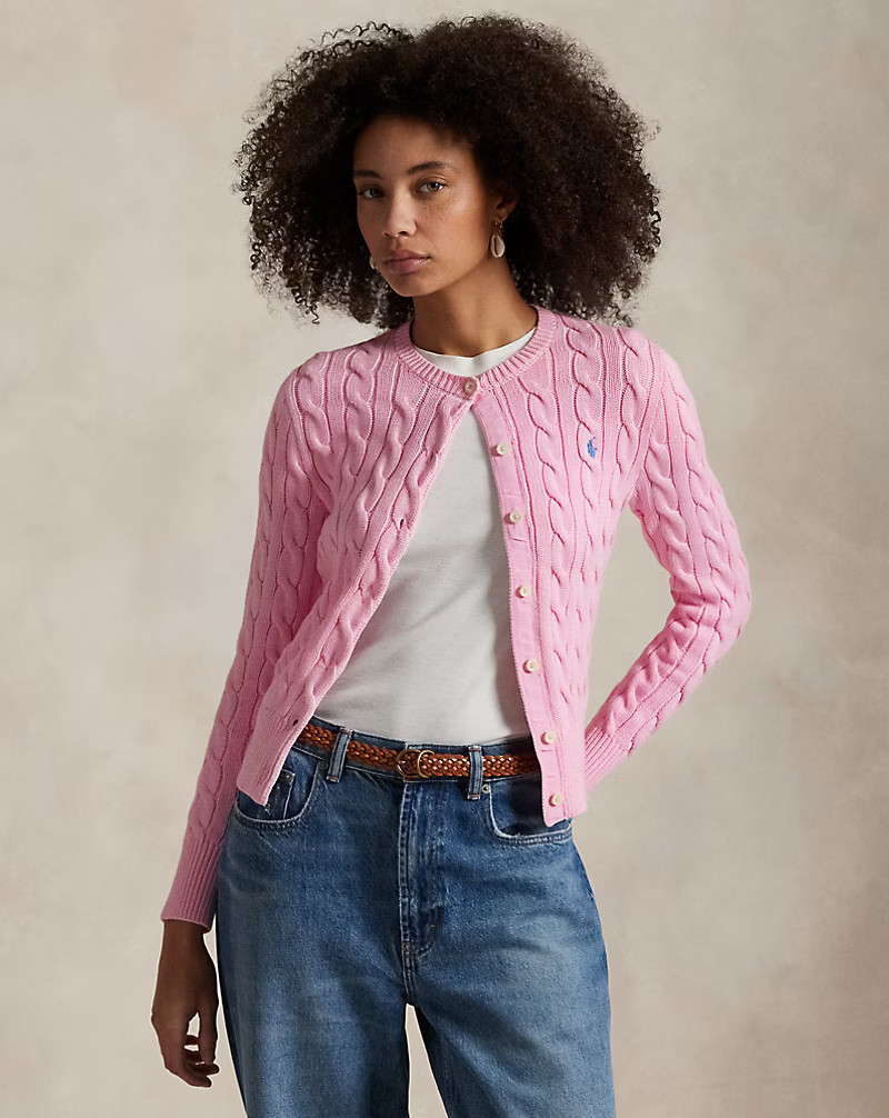 Cable-Knit Cotton Crewneck Cardigan | Ralph Lauren (UK)