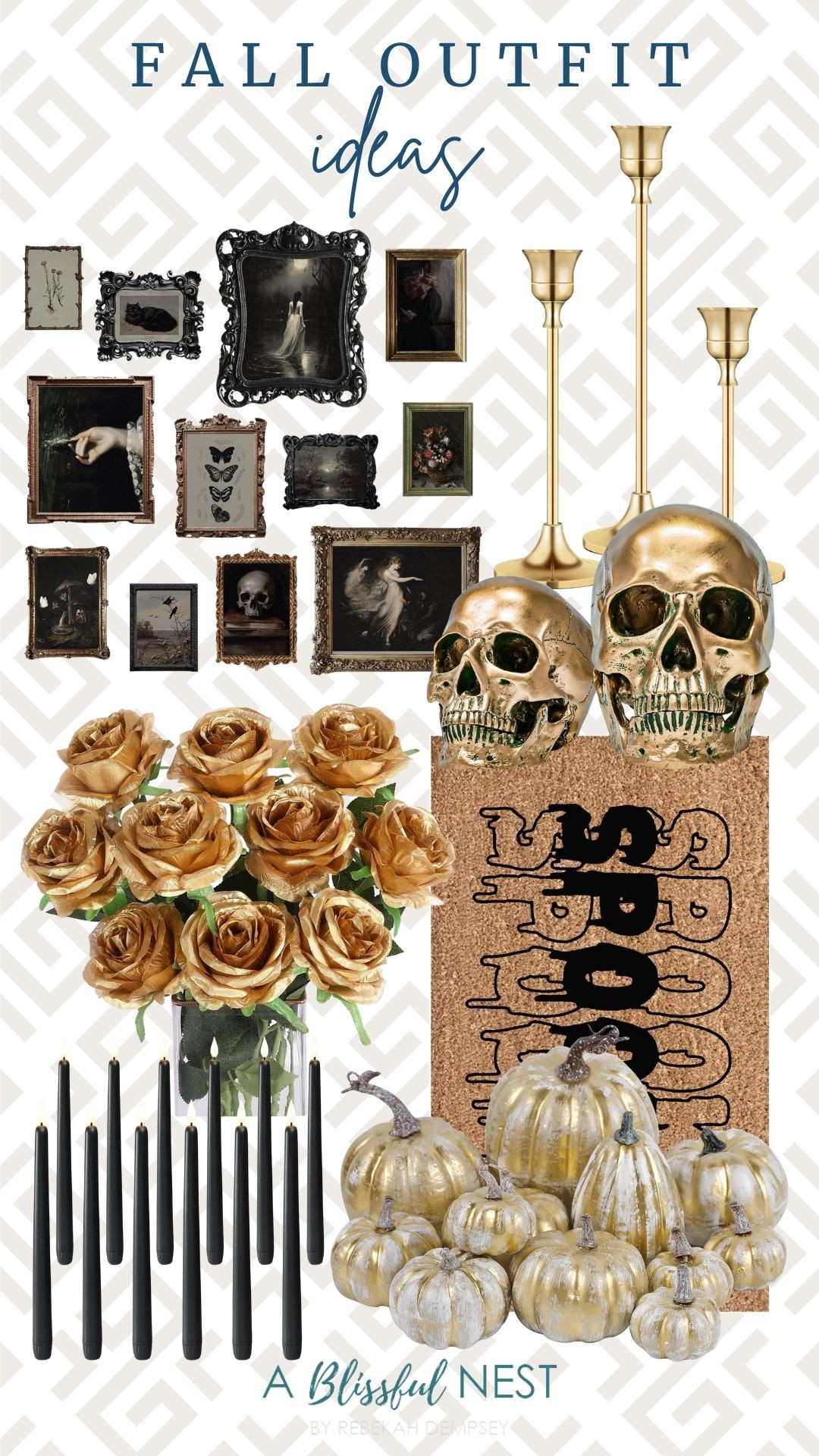 These Halloween decor pieces are perfect for welcoming the season. Tap to shop.

Human skull décor, artificial gold roses, victorian gothic wall art, gold candlestick holders, gold pumpkin decorations, black flameless taper candles, and spooky rug. 

 #LTKSeasonal #LTKHome