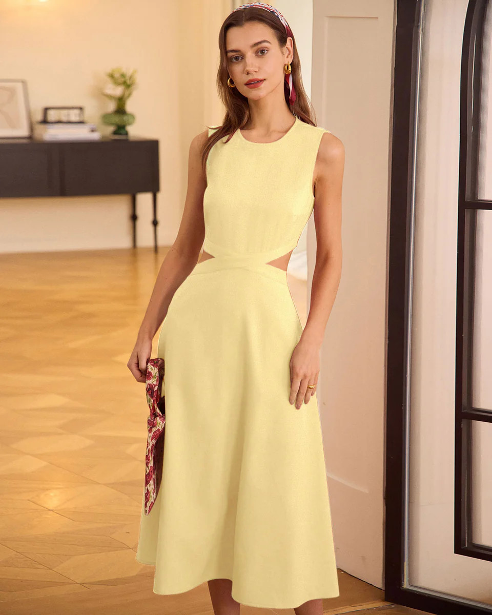 Yellow Round Neck Cut-Out Midi Dress | rihoas.com