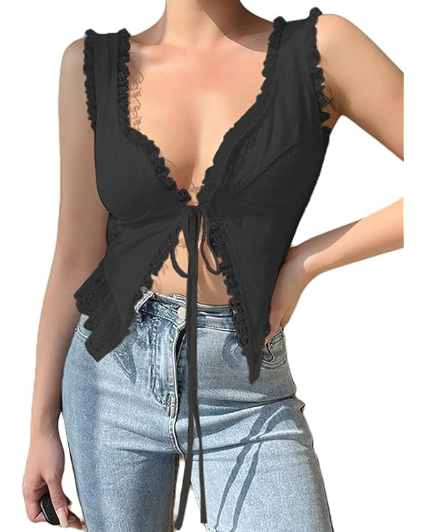 Remidoo Women's Lace Trim Open Front Self Tie Cami Crop Top | Amazon (US)