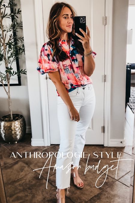 Anthropologie look for less! Anthropologie style, Amazon budget! Abstract watercolor Puff sleeve blouse - Wearing size small 

Amazon fashion, anthro dupe, workwear, spring outfit, summer outfit, dressy casual, white jeans outfit

#LTKstyletip #LTKsalealert #LTKfindsunder50