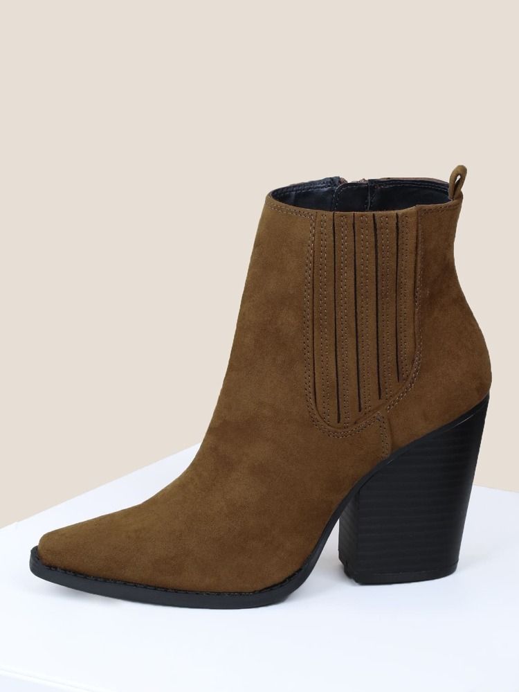 Pointed Toe Side Gore Stacked Block Heel Booties | SHEIN