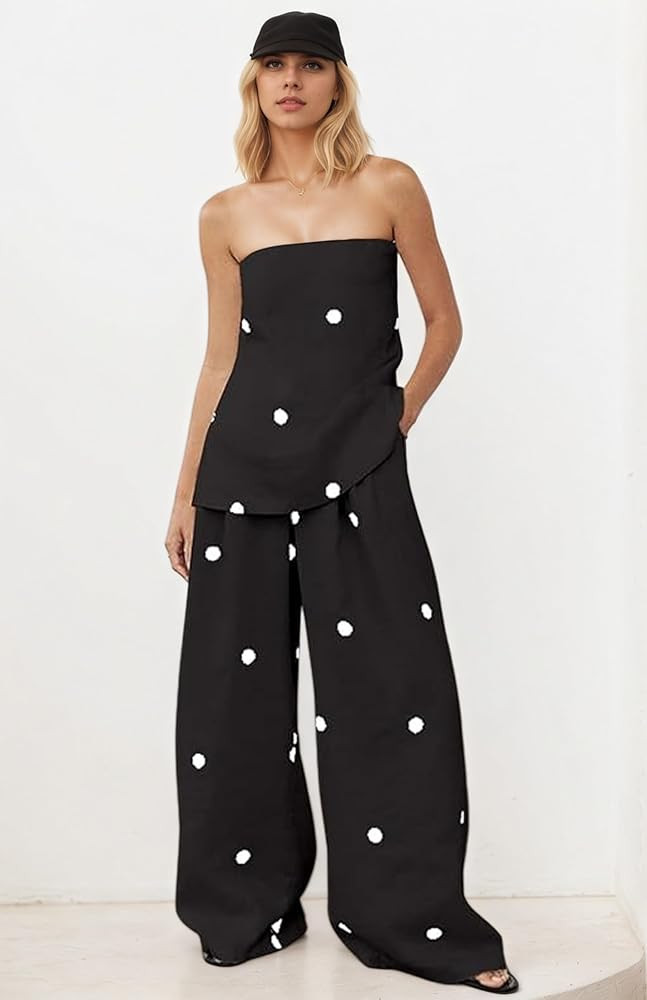 Polka Dot Set Polka Dot Tube Top Strapless High Waist Wide Leg Pants Lounge Women 2 Piece Sets Fo... | Amazon (US)