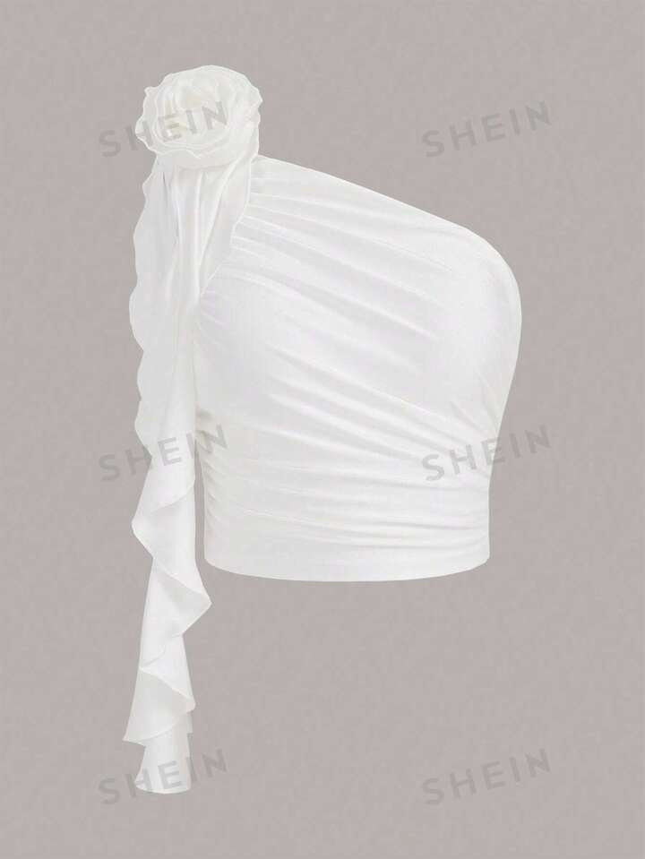 SHEIN ICON One Shoulder 3D Rosette Decor Ruched Side Crop White Top4.85(1000+) | SHEIN