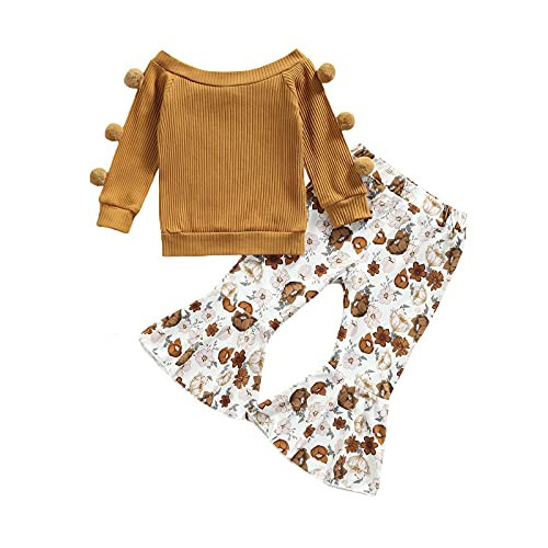 fhutpw 2pcs Toddler Girls Fall Outfits Flared Pants Set Baby Long Sleeve Tops + Bell-bottom Clothes (Knitwear Ginger + Floral, 3-4T) | Amazon (US)