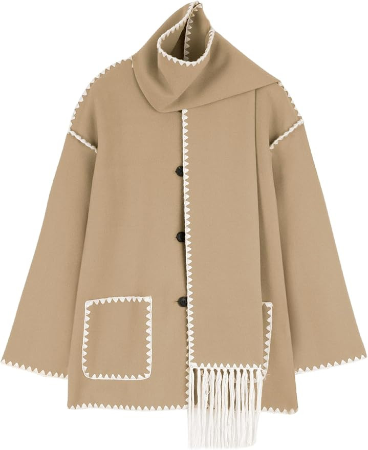 Wyeysyt Women's Embroidered Scarf Jacket Oversized Button Down Wool Blend Coat Mid Long Outerwear... | Amazon (US)