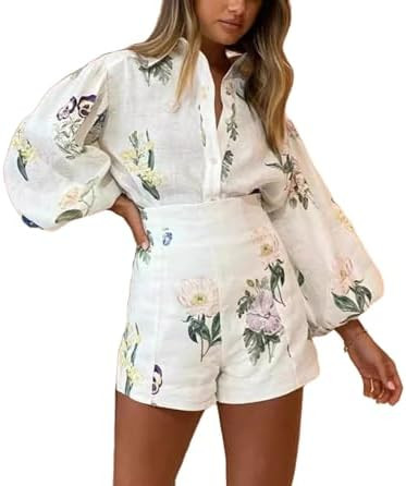 Molilove Womens 2 Piece Outfit Hawaiian Long Sleeve Button Down Shirt Shorts Tracksuit Lounge Set... | Amazon (US)