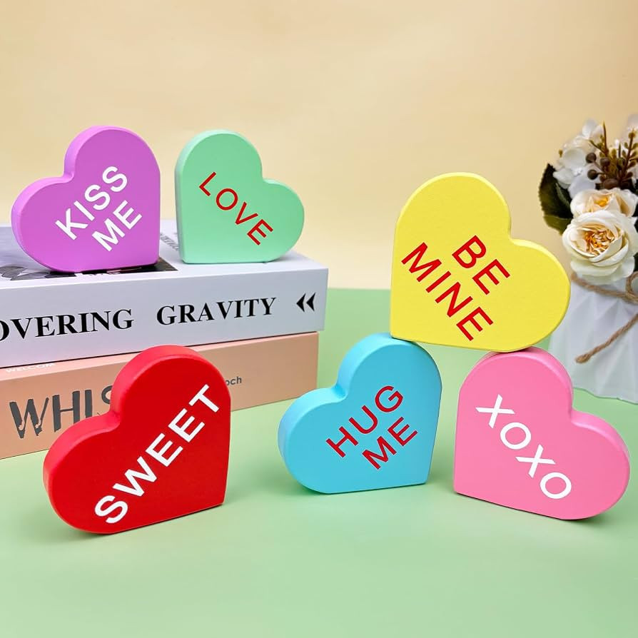 Valentines Day Conversation Hearts Decorations for The Home Table,6 PCS Wooden Candy Heart Shaped... | Amazon (US)