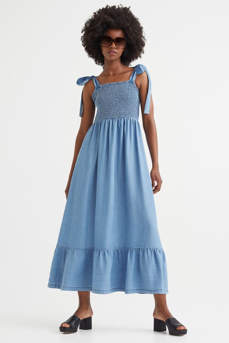 New ArrivalCalf-length dress in soft lyocell denim. Wide, tie-top shoulder straps, square necklin... | H&M (US + CA)