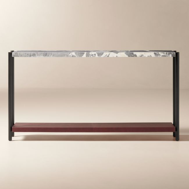 Verum 65" Oxblood Leather and Grey Marble Console Table | CB2