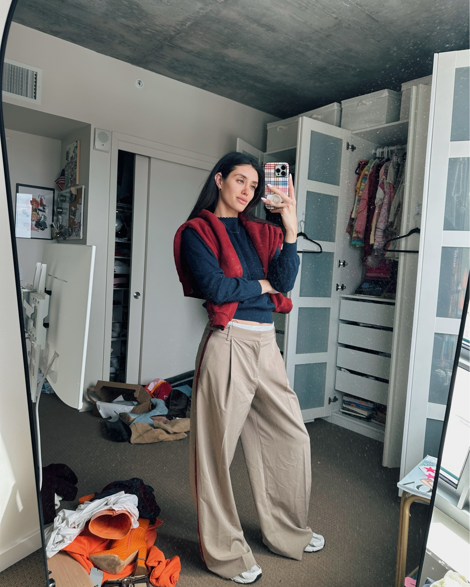 Learning how to layer in the city! 

Wide leg khaki pants, Track stripe trousers, peek a boo boxer pants, boxer pants, Navy crewneck sweater, Red layered sweater, Layered casual outfit, Athleisure outfit, Relaxed work outfit, Sporty aesthetic, Baggy trousers outfit, spring fashion, Weekend outfit, Tomboy aesthetic, Oversized pants outfit, Easy layers outfit idea, Neutral sporty outfit, preppy outfit, preppy style, navy blue fitted sweater, burgundy over the shoulders sweater outfit, new balance sneakers outfit, dad shoes outfit, dad sneakers outfit, travel outfit, airport outfit, transitional outfit, city outfit

#LTKStyleTip #LTKFindsUnder100 #LTKSeasonal