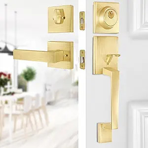 BonKuDoo Entry Front Door Handle, Satin Brass Square Front Door Lock Set with Single Cylinder Dea... | Amazon (US)