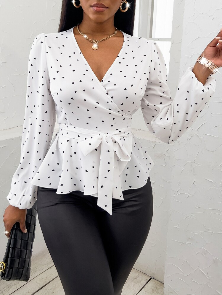 Random Heart Print Surplice Neck Belted Blouse | SHEIN