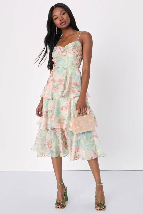 Darling Aesthetic Green Floral Print Tiered Midi Dress | Lulus (US)