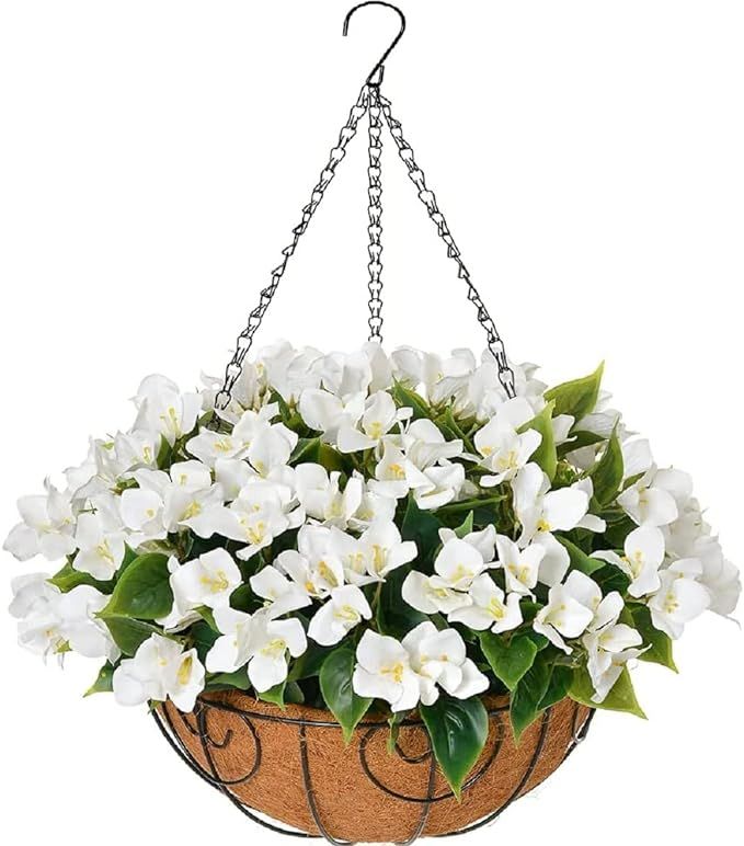Artificial Faux Hanging Flowers Plants Basket Outdoors Spring Decoration, Fake Silk White Bougain... | Amazon (US)