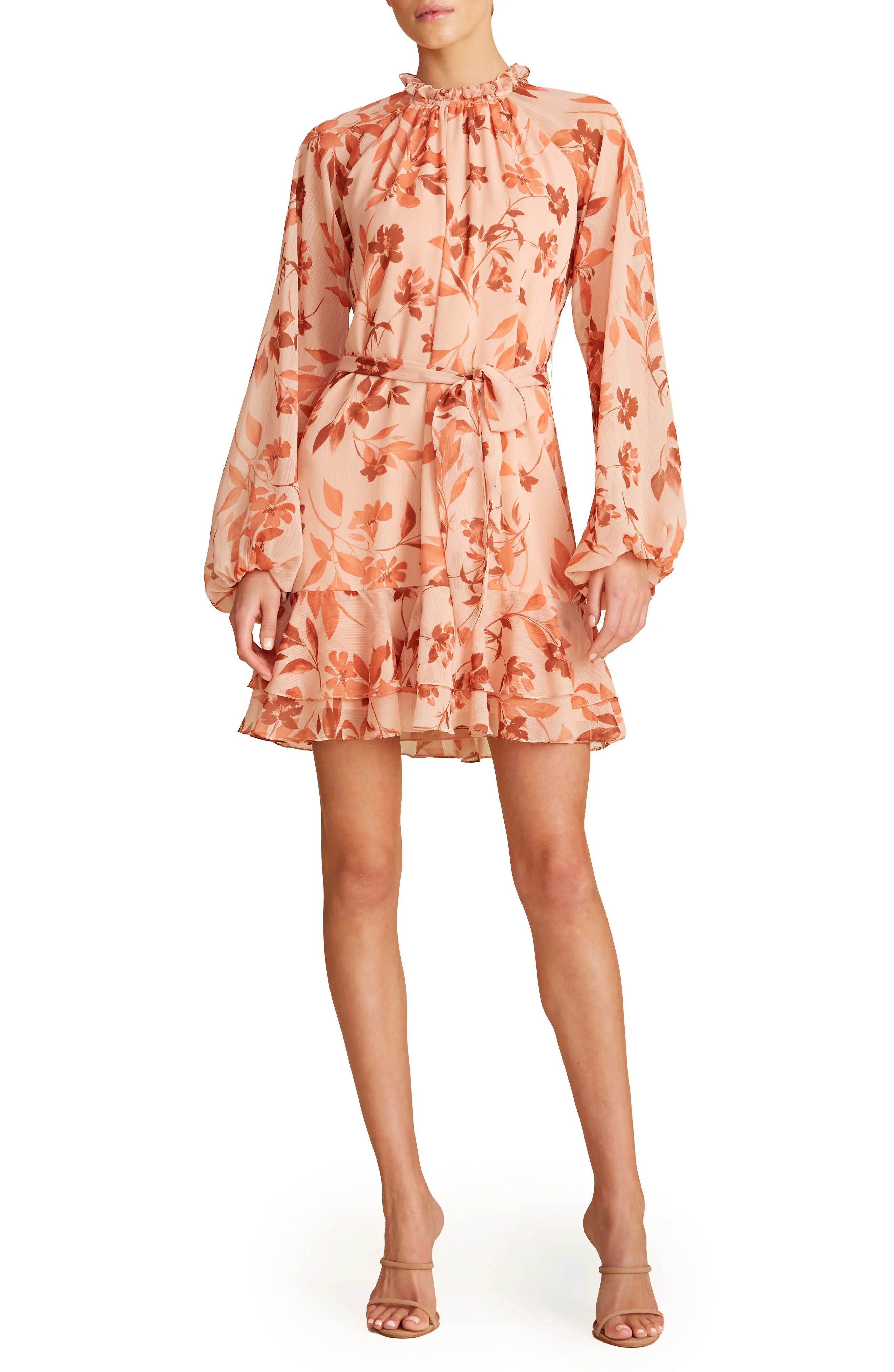 ML Monique Lhuillier Floral Print Crinkle Chiffon Long Sleeve Dress in Sienna Foliage at Nordstrom,  | Nordstrom