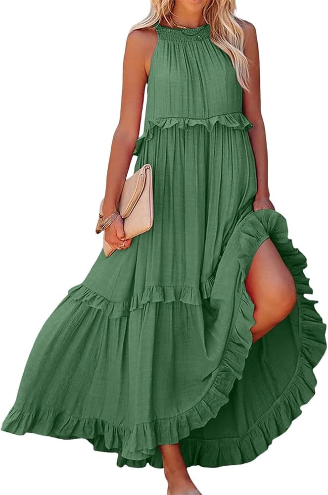 Smocked Halter Maxi Dress for Women Elegant Loose Flowy Tiered Ruffle Dress Summer Swing Beach Dr... | Amazon (US)