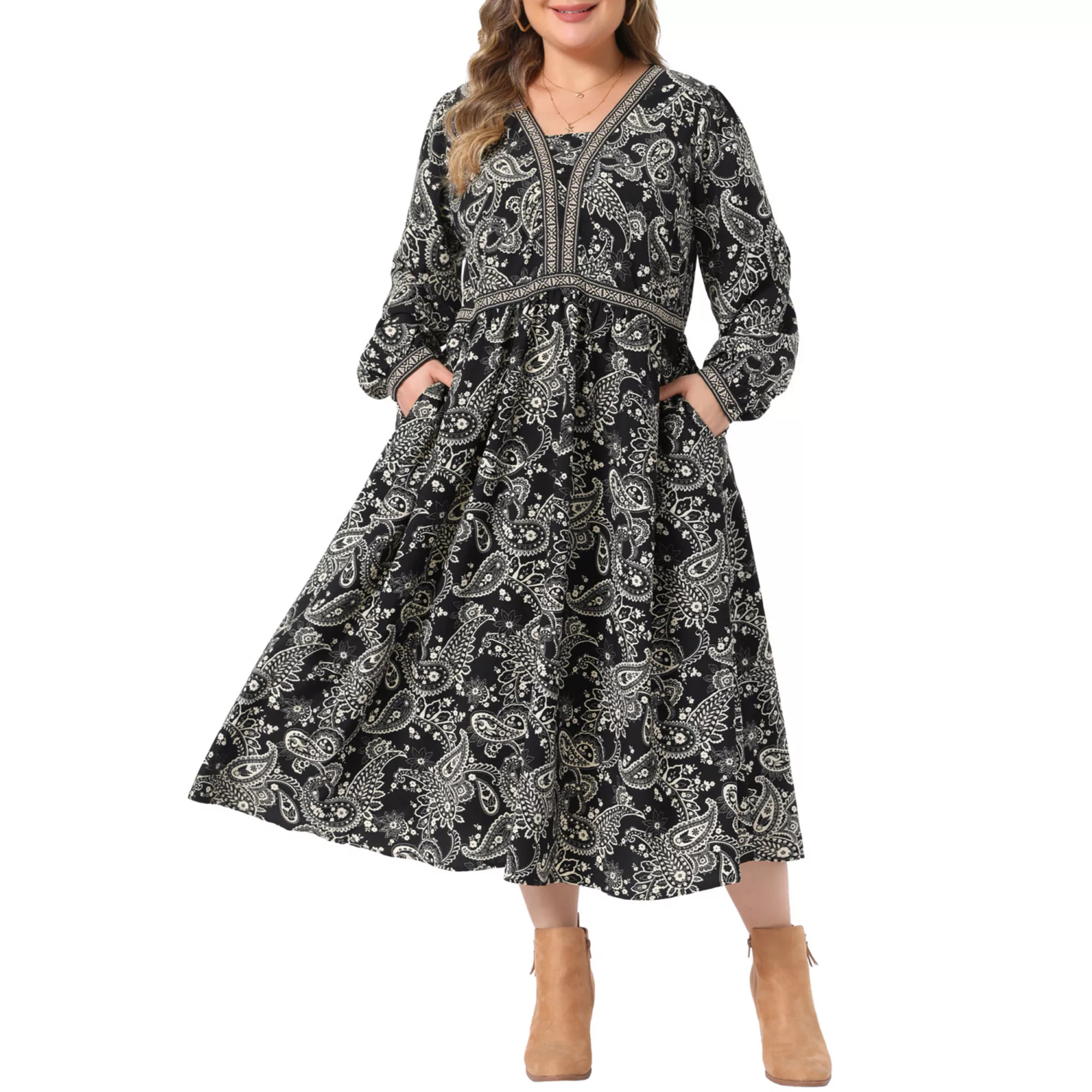 Women's Plus Size Long Sleeve Boho Midi Dress Waistband Flowy A Line Dress | Kohl's