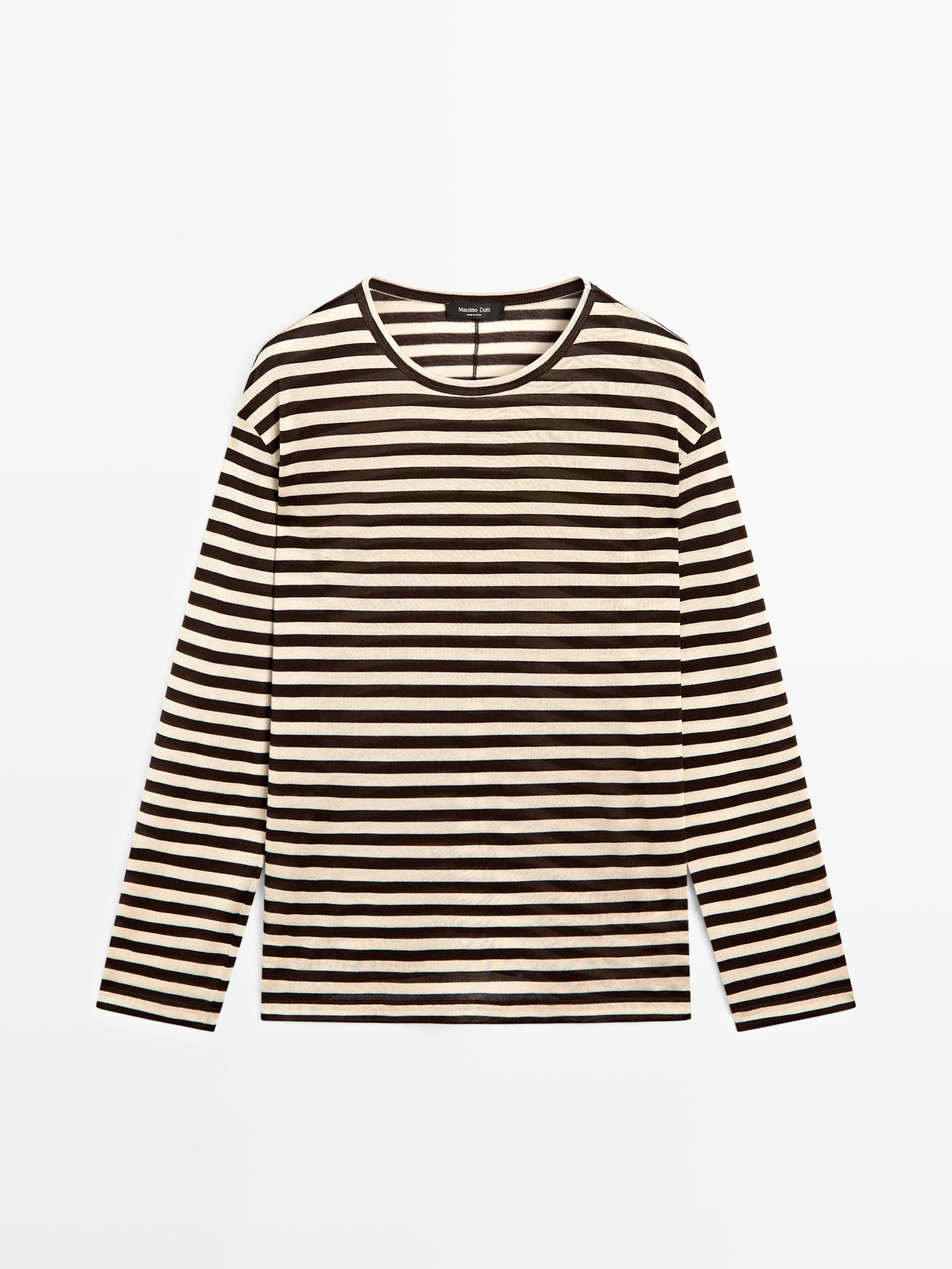 T-shirt made of knit fabric . Crew neck. Long sleeves. Striped print. | Massimo Dutti UK