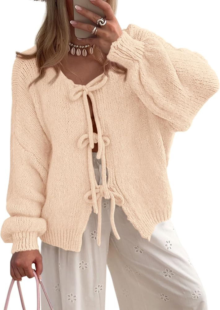PRETTYGARDEN Women's Tie Front Bow Cardigan Sweaters Chunky Knit Long Puff Sleeve Trendy Fall Win... | Amazon (US)