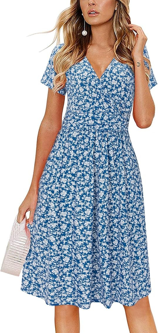 OUGES Women's Summer Short Sleeve V-Neck Floral Short Party Dress with Pockets | Amazon (US)