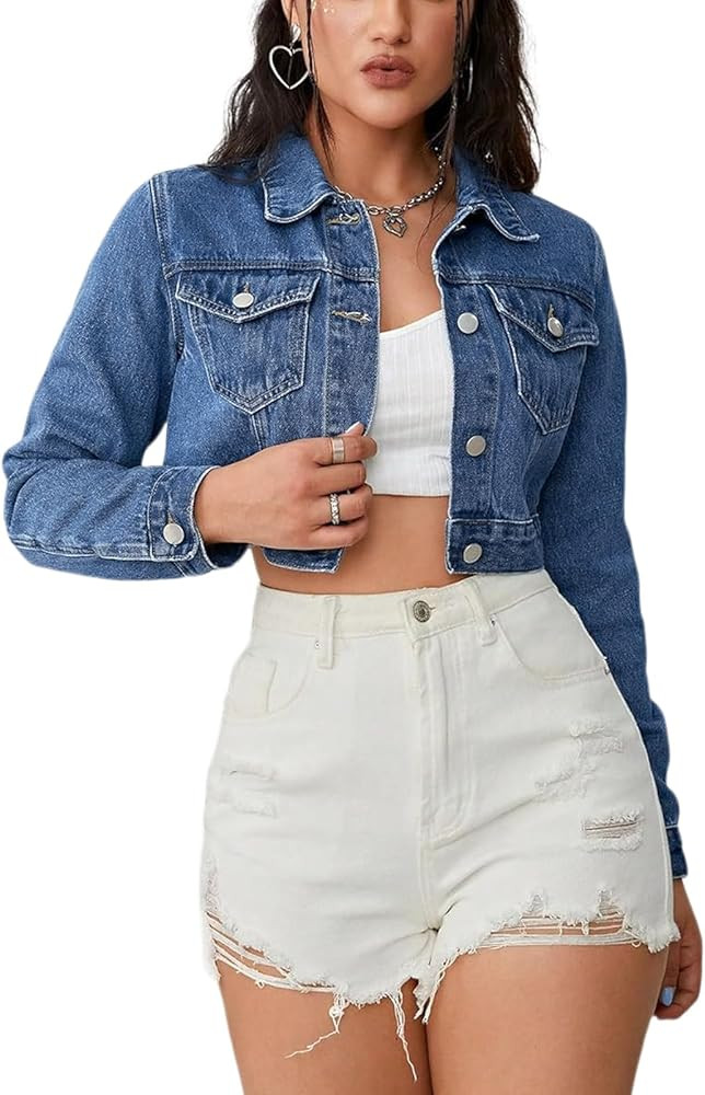 Cropped Jean Jacket for Women Long Sleeve Classic Casual Crop Top Denim Jackets Coat | Amazon (US)