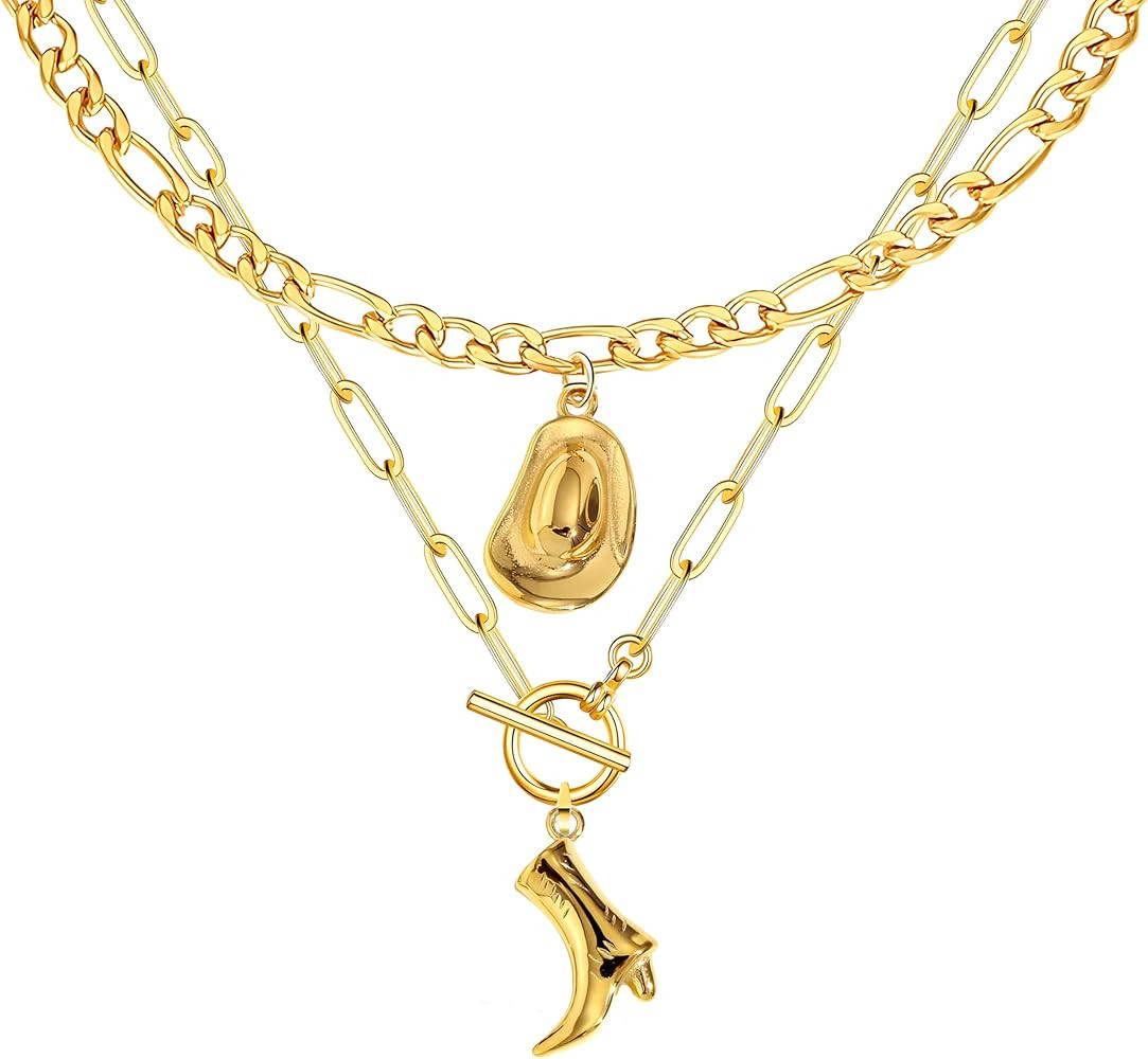 Cowgirl Hat Boots Pendant Gold Necklace for Women, Chunky Chain Western Jewelry | Amazon (US)
