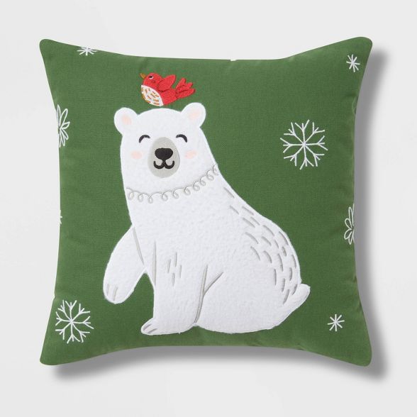 Polar Bear Fleece Applique Chambray Square Christmas Throw Pillow Green - Wondershop™ | Target