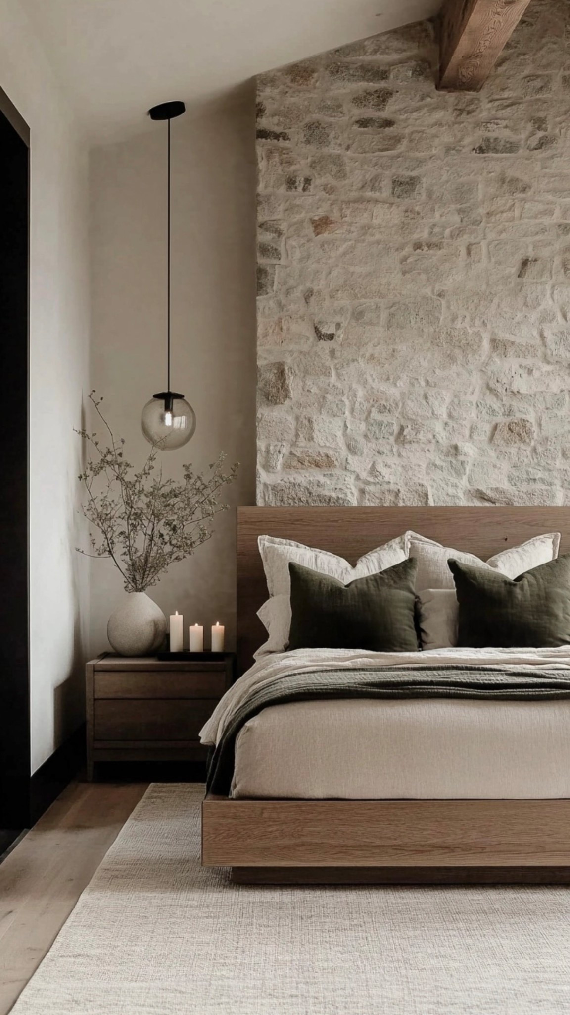 earthy • modern • serene 🤎 Primary bedroom inspiration- rough stone, deep wood tones & neutral olive tones. 

#LTKHome #LTKSaleAlert