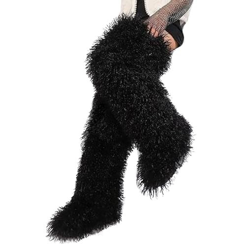 YXCFEWD Over the Knee Faux Fur Boots for Women 29 inchs Winter Thigh High Boots Fluffy Furry Snow Boots(Black,12) | Amazon (US)
