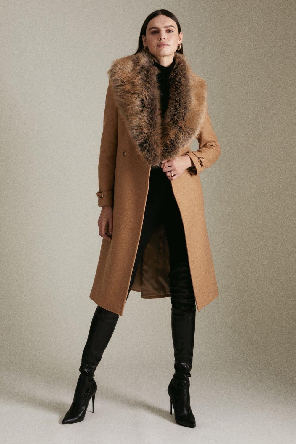 Italian Wool Faux Fur Collared Belted Coat | Karen Millen UK & IE