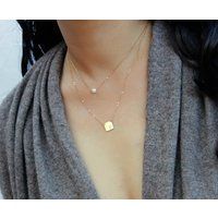 Gold Layered Necklace, Personalized Square Tag Necklace, Dainty Pearl Necklace, Initial Layering Necklace | Etsy (US)