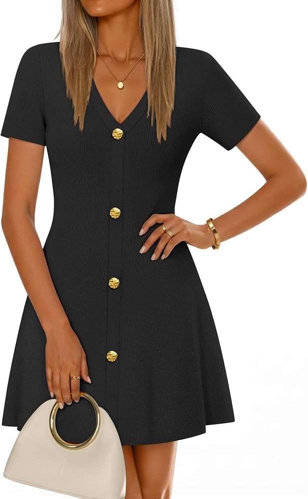 ZESICA Women's Summer Short Sleeve Knit Mini Dress 2026 Casual V Neck Button Front Business Work ... | Amazon (US)