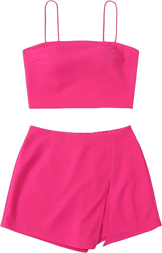 Verdusa Women's 2 Piece Outfit Hot Pink Top Hot Pink Mini Skirt Outfit Skirt And Top Set Sets | Amazon (US)