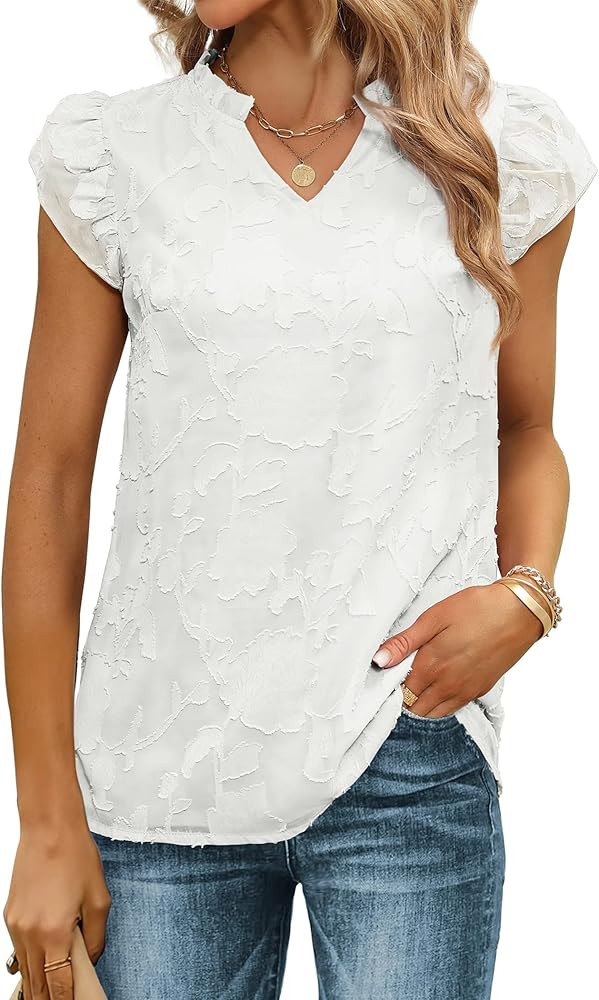 Aokosor Womens Chiffon Blouses Dressy Casual V Neck Short Sleeve Shirts Lace Summer Tops | Amazon (US)