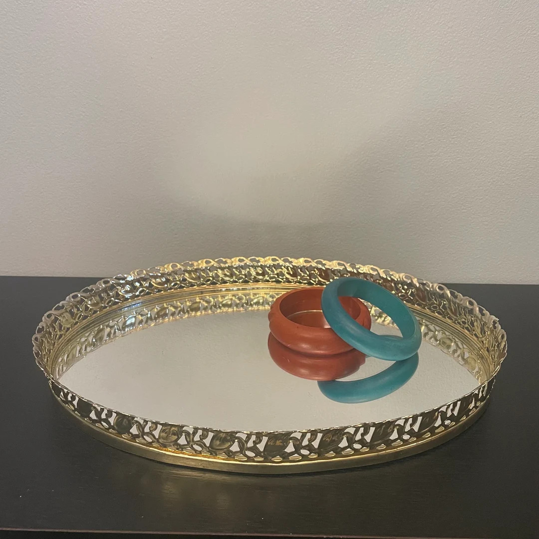 Vintage Oval Gold Metal & Mirror Tray Gold Floral Vine Rim - Etsy | Etsy (US)