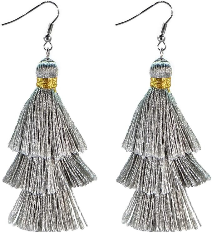AD Beads Fashion Charm Crystal Silk Tassel 3 Layers Fan Fringe Dangle Earrings designer costume j... | Amazon (US)
