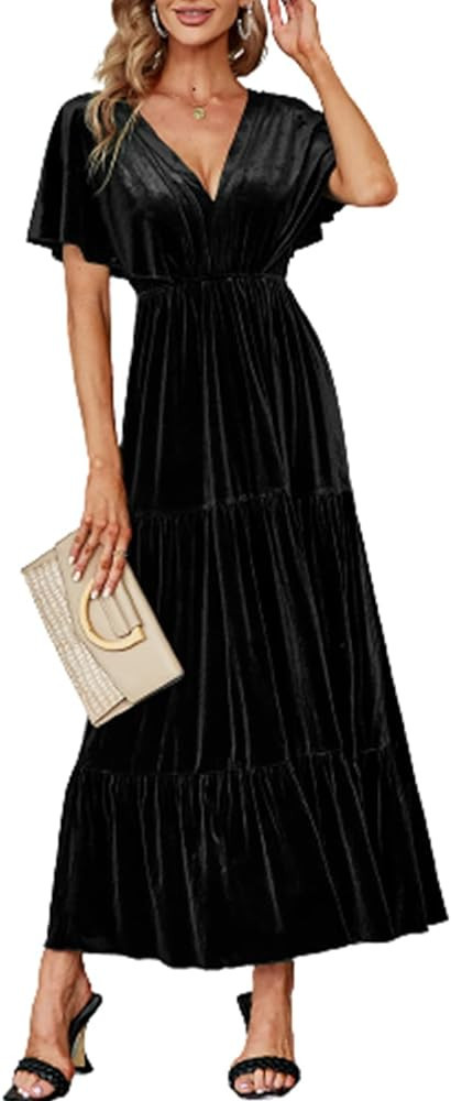 Amegoya Women's Casual Short Sleeve V Neck Floral Maxi Dresses Boho Beach Photoshoot Flowy Ruffle... | Amazon (US)