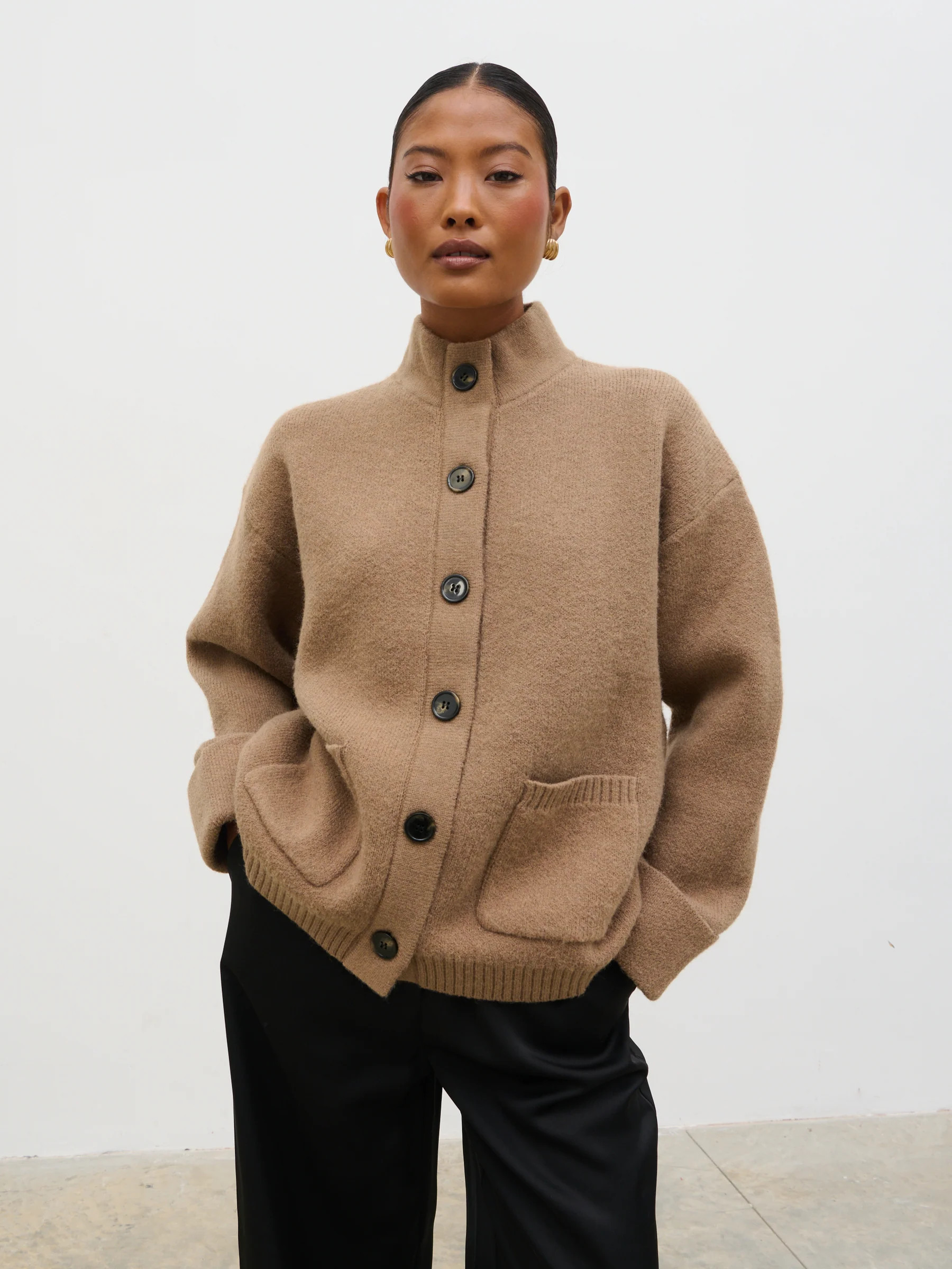 Leighton High Neck Knit Cardigan - Deep Beige Marl | Pretty Lavish (UK)