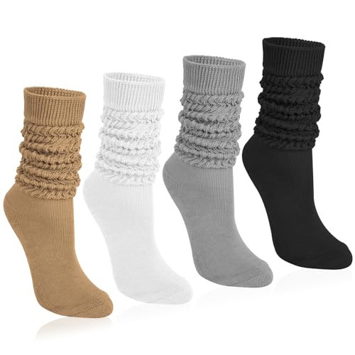Justay 4 Pairs Women Slouch Socks Soft Knee High Scrunch Slouchy Socks Knit Tube Extra Long Socks for Women | Amazon (US)